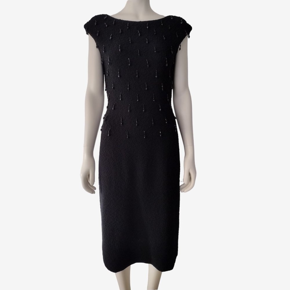Vintage 50s Kimberly Black Beaded Hand Loomed Wool Boucle Knit Sheath Dress